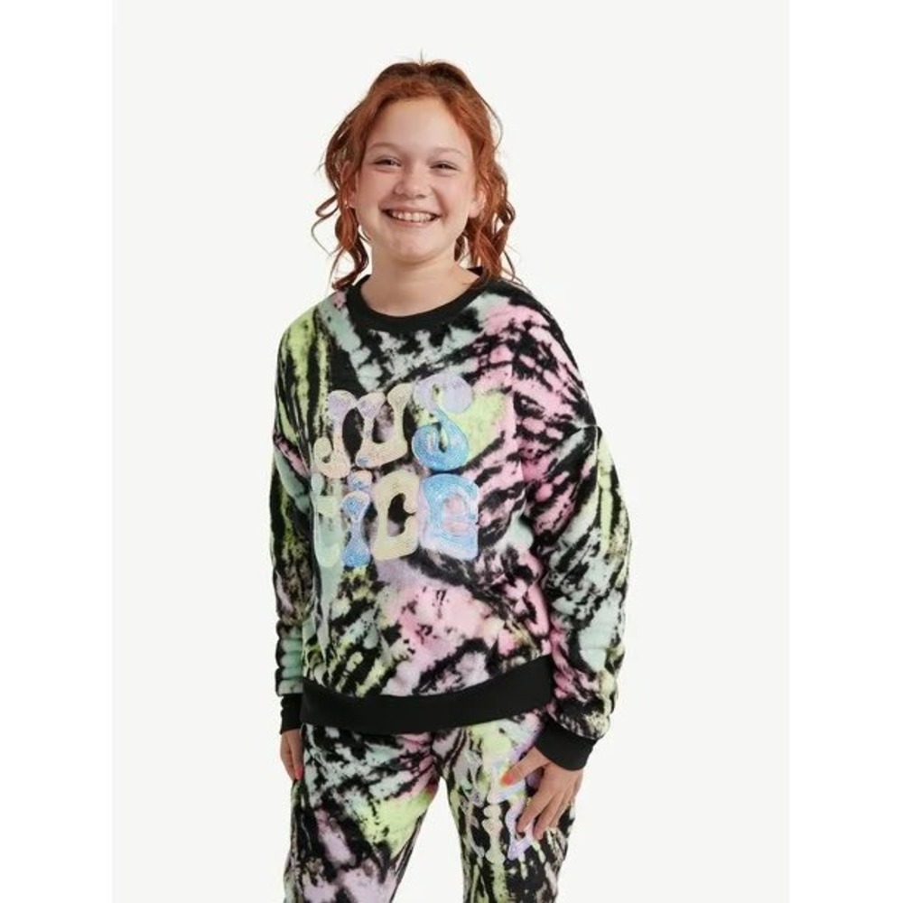 Justice Girl's Faux Fur Tie Dye Sequin Logo Sweatshirt Multi Color‎ Size M 10